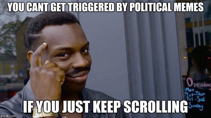Political memes are the future | YOU CANT GET TRIGGERED BY POLITICAL MEMES; IF YOU JUST KEEP SCROLLING | image tagged in memes,roll safe think about it | made w/ Imgflip meme maker