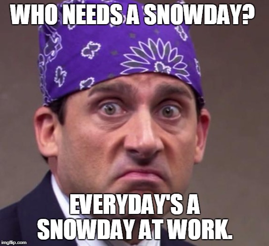 the office | WHO NEEDS A SNOWDAY? EVERYDAY'S A SNOWDAY AT WORK. | image tagged in the office | made w/ Imgflip meme maker