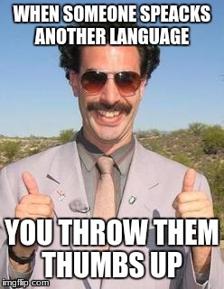 it no lie  | WHEN SOMEONE SPEACKS ANOTHER LANGUAGE; YOU THROW THEM THUMBS UP | image tagged in funny memes,language | made w/ Imgflip meme maker
