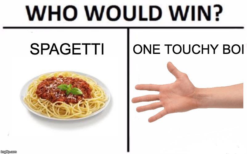 Who Would Win? Meme | SPAGETTI; ONE TOUCHY BOI | image tagged in memes,who would win,funny,somebody toucha my spaghet | made w/ Imgflip meme maker