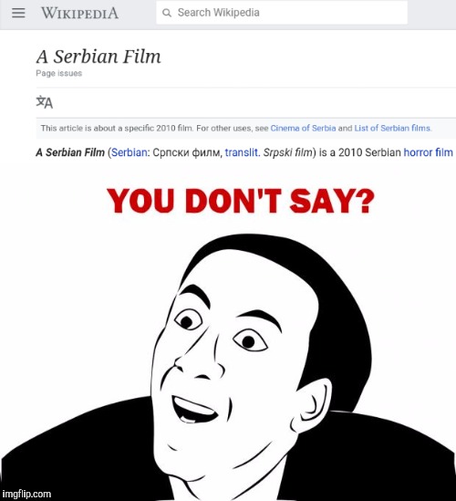 By the way,I really recommend you not to watch that movie | image tagged in memes,serbia,you don't say,powermetalhead,funny,wikipedia | made w/ Imgflip meme maker