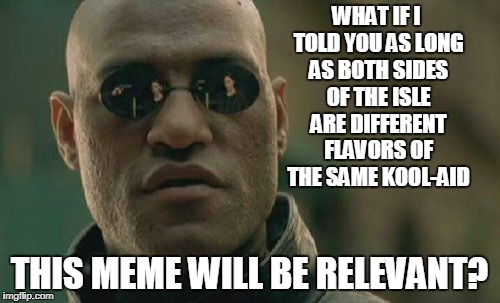 Matrix Morpheus Meme | WHAT IF I TOLD YOU AS LONG AS BOTH SIDES OF THE ISLE ARE DIFFERENT FLAVORS OF THE SAME KOOL-AID THIS MEME WILL BE RELEVANT? | image tagged in memes,matrix morpheus | made w/ Imgflip meme maker