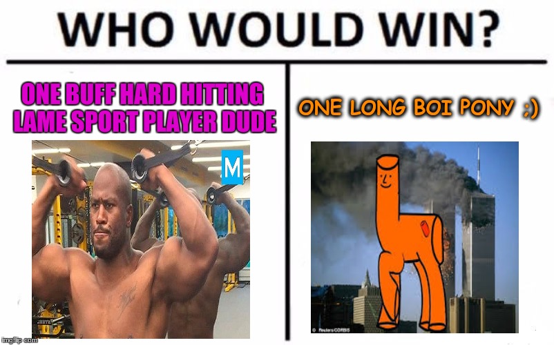Stop and ask yourself a real question because this shouldn't be one  | ONE BUFF HARD HITTING LAME SPORT PLAYER DUDE; ONE LONG BOI PONY ;) | image tagged in memes,who would win,scumbag,football,dank,funny memes | made w/ Imgflip meme maker