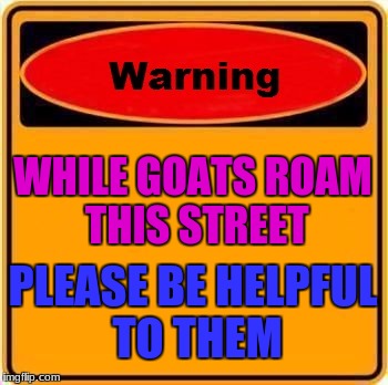 Warning Sign Meme | WHILE GOATS ROAM THIS STREET; PLEASE BE HELPFUL TO THEM | image tagged in memes,warning sign | made w/ Imgflip meme maker