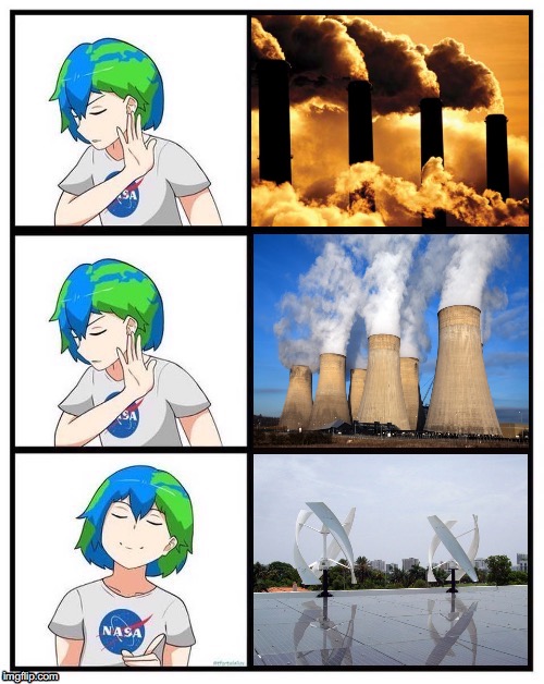 Fossil Fuel/Nuclear No Wind Solar Yes | image tagged in earth-chan,turbine,sustainable energy,global warming,climate change,environmentally friendly | made w/ Imgflip meme maker