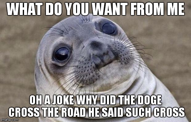Awkward Moment Sealion Meme | WHAT DO YOU WANT FROM ME; OH A JOKE WHY DID THE DOGE CROSS THE ROAD HE SAID SUCH CROSS | image tagged in memes,awkward moment sealion | made w/ Imgflip meme maker