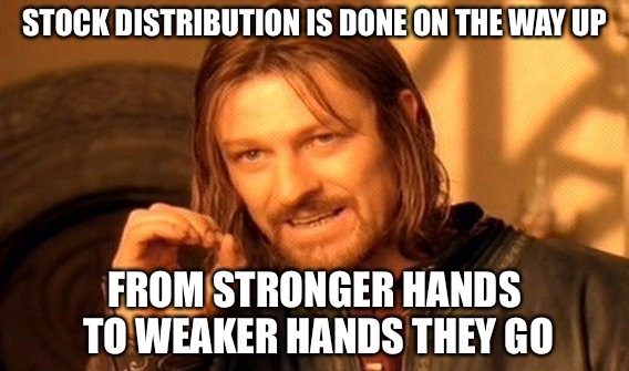 One Does Not Simply Buy Bitcoin At The Top | STOCK DISTRIBUTION IS DONE ON THE WAY UP; FROM STRONGER HANDS TO WEAKER HANDS THEY GO | image tagged in memes,one does not simply,bitcoin,pooh sticks,stock market | made w/ Imgflip meme maker