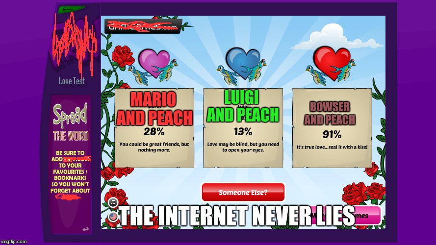 The Internet Never Lies | LUIGI AND PEACH; MARIO AND PEACH; BOWSER AND PEACH; THE INTERNET NEVER LIES | image tagged in super mario bros,love tester | made w/ Imgflip meme maker