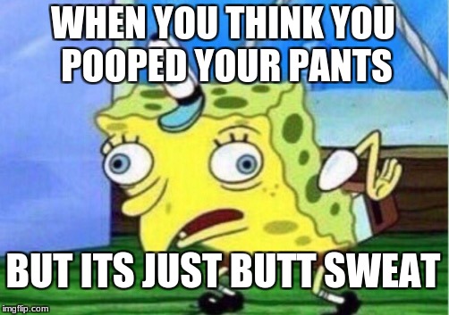 Mocking Spongebob | WHEN YOU THINK YOU POOPED YOUR PANTS; BUT ITS JUST BUTT SWEAT | image tagged in memes,mocking spongebob | made w/ Imgflip meme maker