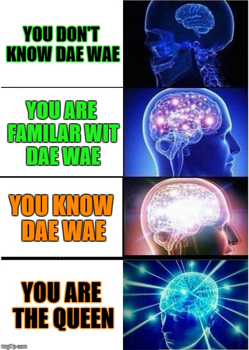 Expanding Brain | YOU DON'T KNOW DAE WAE; YOU ARE FAMILAR WIT DAE WAE; YOU KNOW DAE WAE; YOU ARE THE QUEEN | image tagged in memes,expanding brain | made w/ Imgflip meme maker