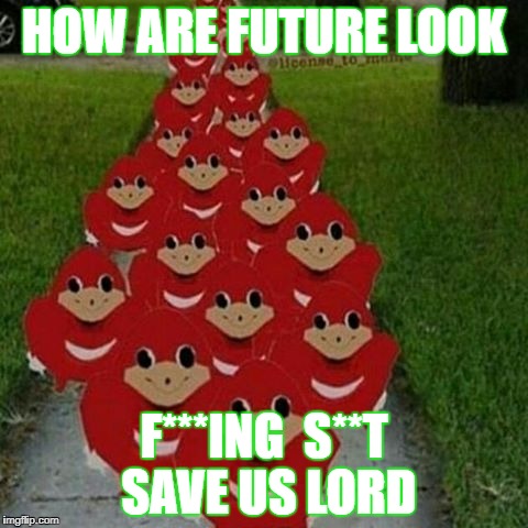 Ugandan knuckles army | HOW ARE FUTURE LOOK; F***ING  S**T SAVE US LORD | image tagged in ugandan knuckles army | made w/ Imgflip meme maker