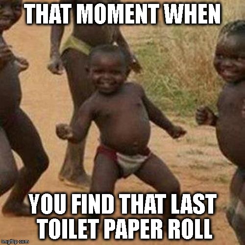 Third World Success Kid Meme | THAT MOMENT WHEN; YOU FIND THAT LAST TOILET PAPER ROLL | image tagged in memes,third world success kid | made w/ Imgflip meme maker
