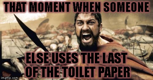 Sparta Leonidas Meme | THAT MOMENT WHEN SOMEONE; ELSE USES THE LAST OF THE TOILET PAPER | image tagged in memes,sparta leonidas | made w/ Imgflip meme maker
