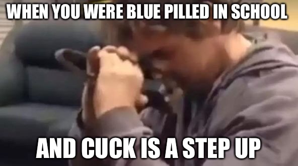 The Blue Pill | WHEN YOU WERE BLUE PILLED IN SCHOOL; AND CUCK IS A STEP UP | image tagged in punk,red pill blue pill,red pill,stupid,grow up,mgtow | made w/ Imgflip meme maker