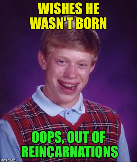 Bad Luck Brian Meme | WISHES HE WASN'T BORN OOPS, OUT OF REINCARNATIONS | image tagged in memes,bad luck brian | made w/ Imgflip meme maker