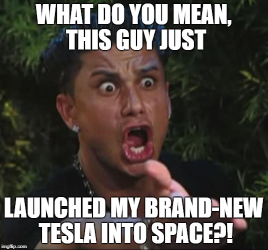 Some people are just weird! | WHAT DO YOU MEAN, THIS GUY JUST; LAUNCHED MY BRAND-NEW TESLA INTO SPACE?! | image tagged in memes,dj pauly d,tesla | made w/ Imgflip meme maker