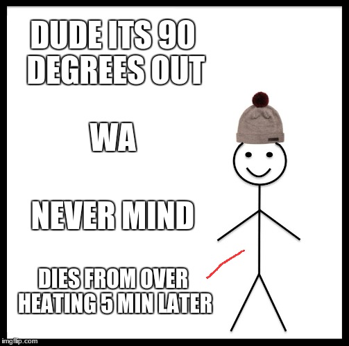 Be Like Bill | DUDE ITS 90 DEGREES OUT; WA; NEVER MIND; DIES FROM OVER HEATING 5 MIN LATER | image tagged in memes,be like bill | made w/ Imgflip meme maker