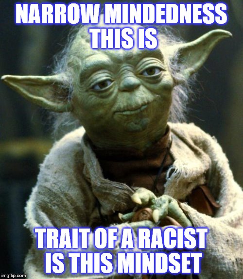 Star Wars Yoda Meme | NARROW MINDEDNESS THIS IS TRAIT OF A RACIST IS THIS MINDSET | image tagged in memes,star wars yoda | made w/ Imgflip meme maker