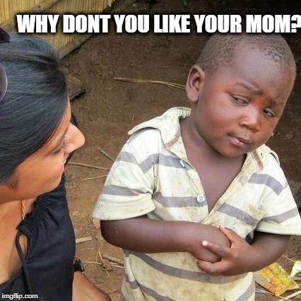 Third World Skeptical Kid Meme | WHY DONT YOU LIKE YOUR MOM? | image tagged in memes,third world skeptical kid | made w/ Imgflip meme maker
