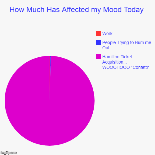How Much Has Affected my Mood Today | Hamilton Ticket Acquisition... WOOOHOOO *Confetti*, People Trying to Bum me Out, Work | image tagged in funny,pie charts | made w/ Imgflip chart maker