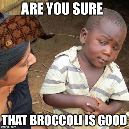Third World Skeptical Kid Meme | ARE YOU SURE; THAT BROCCOLI IS GOOD | image tagged in memes,third world skeptical kid,scumbag | made w/ Imgflip meme maker