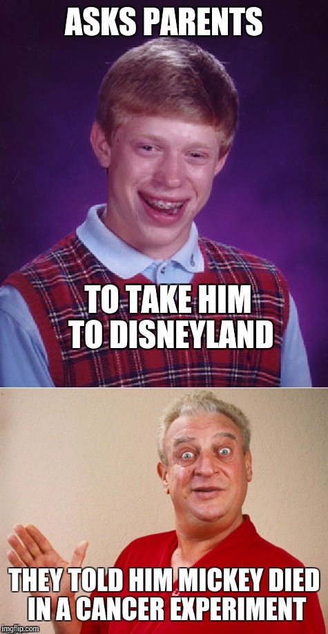 Bad luck Brian gets no respect | ASKS PARENTS; TO TAKE HIM TO DISNEYLAND | image tagged in bad luck brian,rodney dangerfield,memes | made w/ Imgflip meme maker