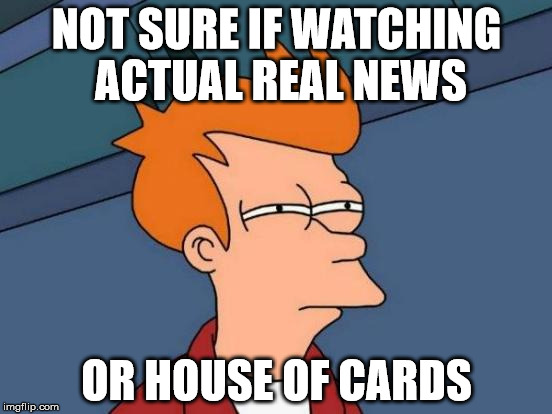 Futurama Fry Meme | NOT SURE IF
WATCHING ACTUAL REAL NEWS; OR HOUSE OF CARDS | image tagged in memes,futurama fry | made w/ Imgflip meme maker