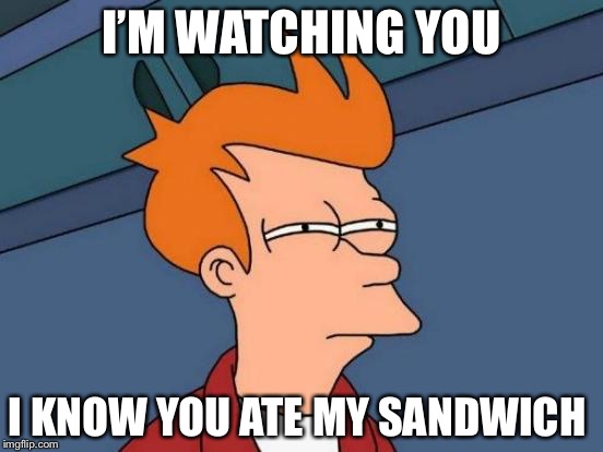 Futurama Fry | I’M WATCHING YOU; I KNOW YOU ATE MY SANDWICH | image tagged in memes,futurama fry | made w/ Imgflip meme maker
