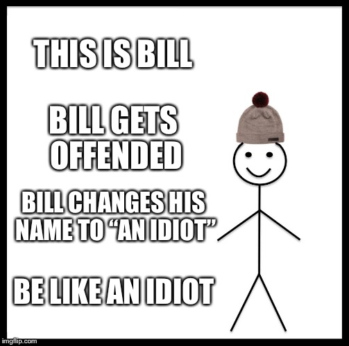 Be Like Bill | THIS IS BILL; BILL GETS OFFENDED; BILL CHANGES HIS NAME TO “AN IDIOT”; BE LIKE AN IDIOT | image tagged in memes,be like bill | made w/ Imgflip meme maker