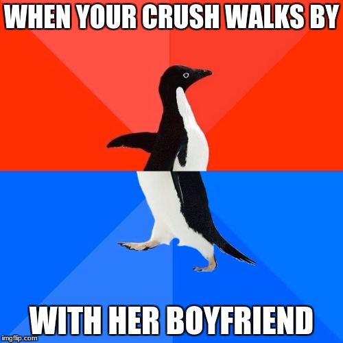 courage then... nevermind
  | WHEN YOUR CRUSH WALKS BY; WITH HER BOYFRIEND | image tagged in memes,socially awesome awkward penguin | made w/ Imgflip meme maker