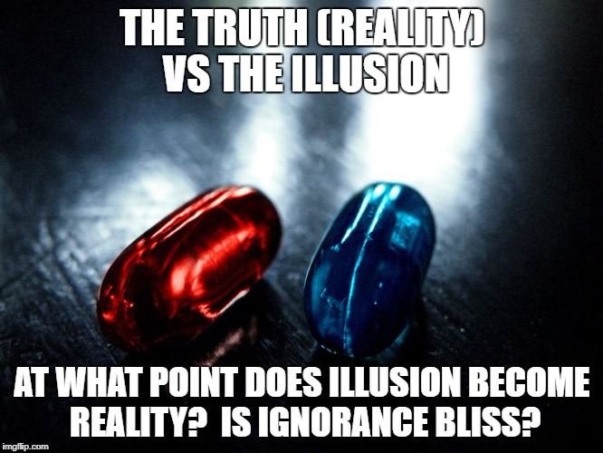 Reality vs illusion | THE TRUTH (REALITY) VS THE ILLUSION; AT WHAT POINT DOES ILLUSION BECOME REALITY?
 IS IGNORANCE BLISS? | image tagged in opposites | made w/ Imgflip meme maker