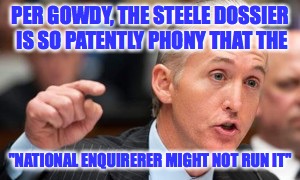 Trey Gowdy, Steele Russia Dossier So Phony the "National Enquirerer might not run it" | PER GOWDY, THE STEELE DOSSIER IS SO PATENTLY PHONY THAT THE; "NATIONAL ENQUIRERER MIGHT NOT RUN IT" | image tagged in trey gowdy,national enquirer,dossier,trump russia collusion,phony,robert mueller | made w/ Imgflip meme maker