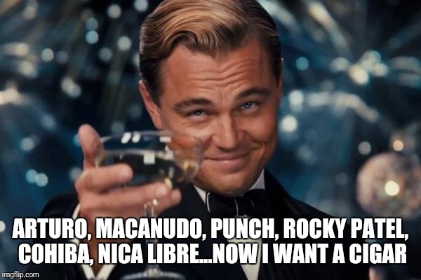 Leonardo Dicaprio Cheers Meme | ARTURO, MACANUDO, PUNCH, ROCKY PATEL, COHIBA, NICA LIBRE...NOW I WANT A CIGAR | image tagged in memes,leonardo dicaprio cheers | made w/ Imgflip meme maker