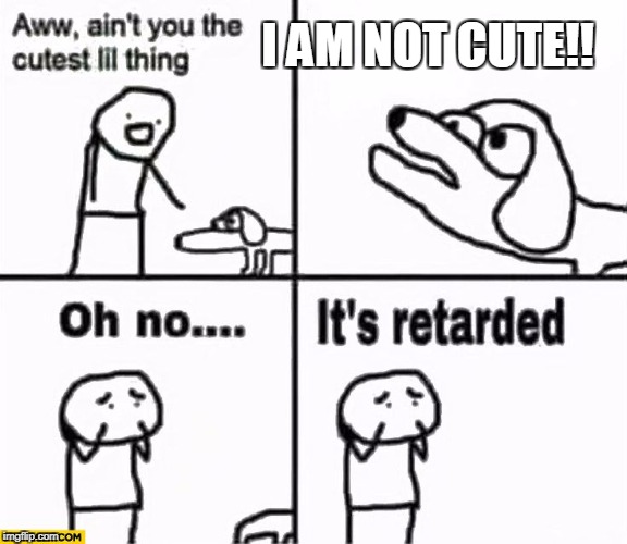 Oh no it's retarded! | I AM NOT CUTE!! | image tagged in oh no it's retarded | made w/ Imgflip meme maker