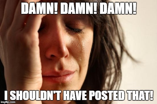 First World Problems Meme | DAMN! DAMN! DAMN! I SHOULDN'T HAVE POSTED THAT! | image tagged in memes,first world problems | made w/ Imgflip meme maker