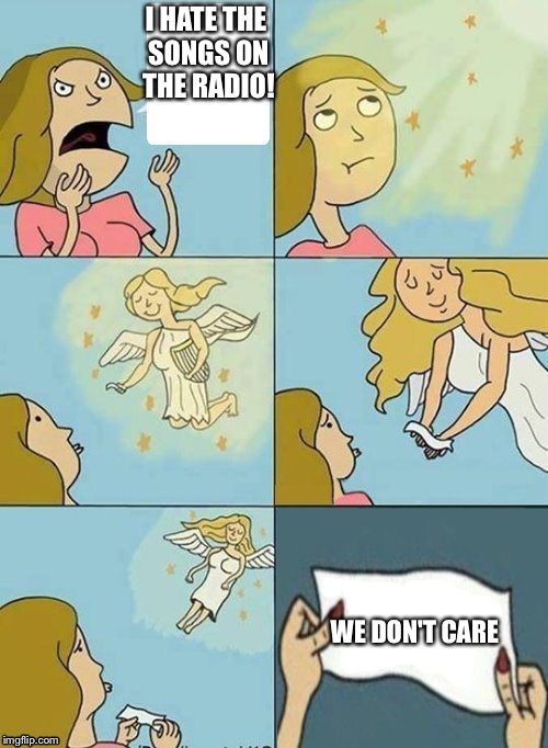 We don't care | I HATE THE SONGS ON THE RADIO! WE DON'T CARE | image tagged in we don't care | made w/ Imgflip meme maker