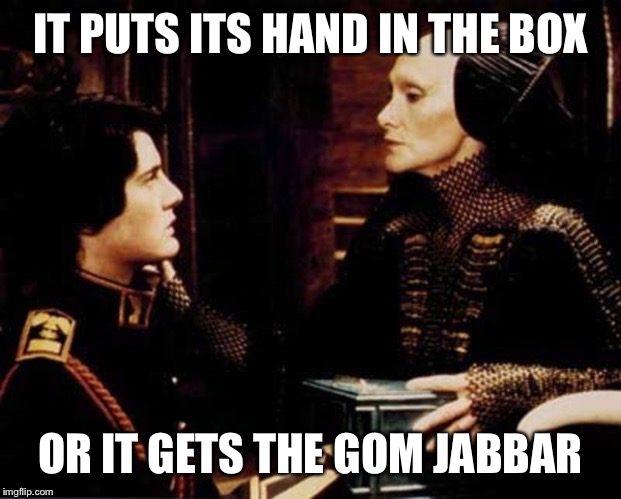 The PAIN | IT PUTS ITS HAND IN THE BOX; OR IT GETS THE GOM JABBAR | image tagged in dune,gom jabbar,pain | made w/ Imgflip meme maker