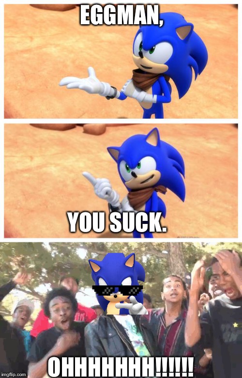 Sonic thug life | EGGMAN, YOU SUCK. OHHHHHHH!!!!!! | image tagged in sonic,sonic the hedgehog,sonic boom,thug life,memes,funny | made w/ Imgflip meme maker