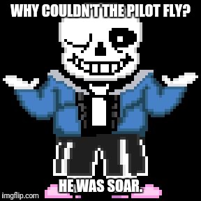 sans-sational puns pt-2 | WHY COULDN'T THE PILOT FLY? HE WAS SOAR. | image tagged in bad puns with sans | made w/ Imgflip meme maker