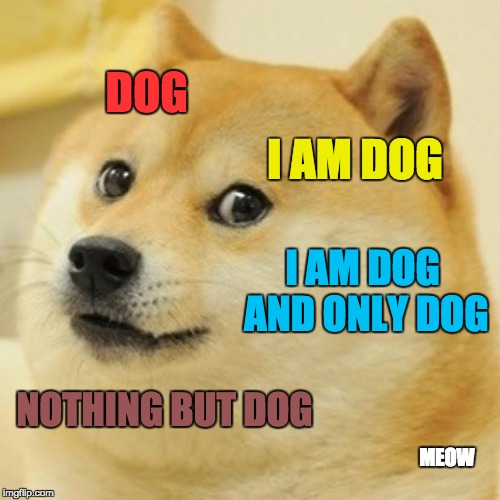 Doge Meme | DOG; I AM DOG; I AM DOG AND ONLY DOG; NOTHING BUT DOG; MEOW | image tagged in memes,doge | made w/ Imgflip meme maker