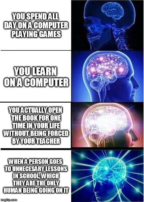 Expanding Brain Meme | YOU SPEND ALL DAY ON A COMPUTER PLAYING GAMES; YOU LEARN ON A COMPUTER; YOU ACTUALLY OPEN THE BOOK FOR ONE TIME IN YOUR LIFE WITHOUT BEING FORCED BY YOUR TEACHER; WHEN A PERSON GOES TO UNNECESARY LESSONS IN SCHOOL, WHICH THEY ARE THE ONLY HUMAN BEING GOING ON IT | image tagged in memes,expanding brain | made w/ Imgflip meme maker