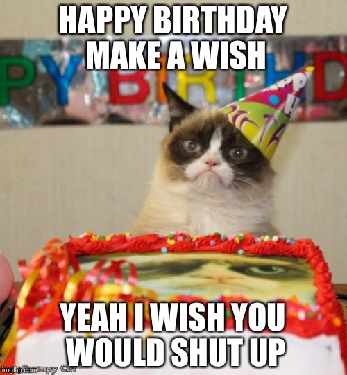 Grumpy cats birthday wish | HAPPY BIRTHDAY MAKE A WISH; YEAH I WISH YOU WOULD SHUT UP | image tagged in memes,grumpy cat birthday,grumpy cat,shut up | made w/ Imgflip meme maker