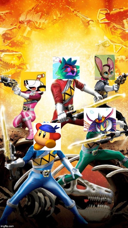 Holy Crap!!! It's The Squad!!! | image tagged in power rangers dino charge,kirby,cuphead,pokemon,squad | made w/ Imgflip meme maker