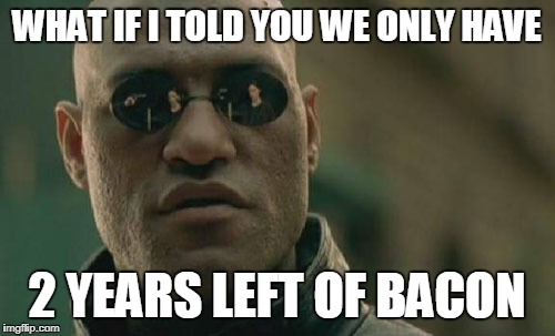 Matrix Morpheus Meme | WHAT IF I TOLD YOU WE ONLY HAVE; 2 YEARS LEFT OF BACON | image tagged in memes,matrix morpheus | made w/ Imgflip meme maker