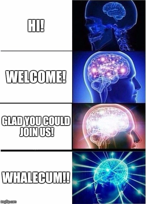 Expanding Brain Meme | HI! WELCOME! GLAD YOU COULD JOIN US! WHALECUM!! | image tagged in memes,expanding brain | made w/ Imgflip meme maker