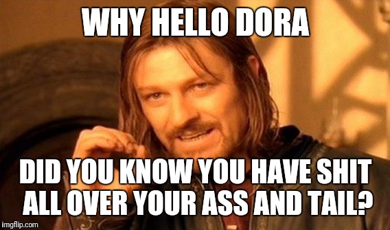 One Does Not Simply Meme | WHY HELLO DORA DID YOU KNOW YOU HAVE SHIT ALL OVER YOUR ASS AND TAIL? | image tagged in memes,one does not simply | made w/ Imgflip meme maker