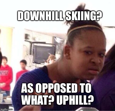Olympic meme week  | DOWNHILL SKIING? AS OPPOSED TO WHAT? UPHILL? | image tagged in dafuq,olympics,skiing,memes | made w/ Imgflip meme maker