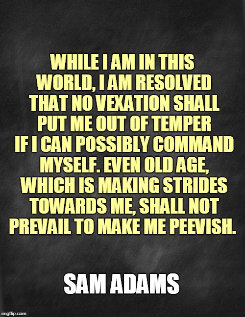 This is a good motto. | WHILE I AM IN THIS WORLD, I AM RESOLVED THAT NO VEXATION SHALL PUT ME OUT OF TEMPER IF I CAN POSSIBLY COMMAND MYSELF. EVEN OLD AGE, WHICH IS MAKING STRIDES TOWARDS ME, SHALL NOT PREVAIL TO MAKE ME PEEVISH. SAM ADAMS | image tagged in black blank,motto,samuel adams,sam adams,sons of liberty,mood | made w/ Imgflip meme maker