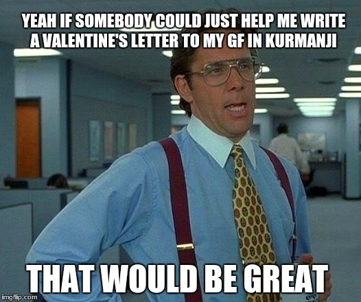 That Would Be Great Meme | YEAH IF SOMEBODY COULD JUST HELP ME WRITE A VALENTINE'S LETTER TO MY GF IN KURMANJI; THAT WOULD BE GREAT | image tagged in memes,that would be great | made w/ Imgflip meme maker