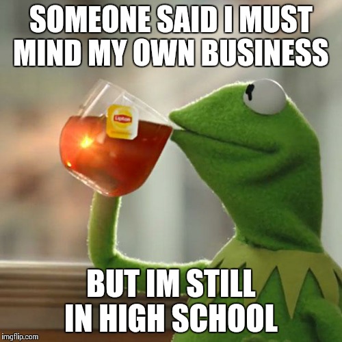 But That's None Of My Business Meme | SOMEONE SAID I MUST MIND MY OWN BUSINESS; BUT IM STILL IN HIGH SCHOOL | image tagged in memes,but thats none of my business,kermit the frog | made w/ Imgflip meme maker